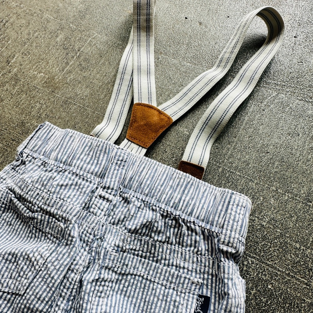 Blue & White Pinstripe Kids Overalls with Brown Faux-Leather Suspenders - Picture 3 of 5